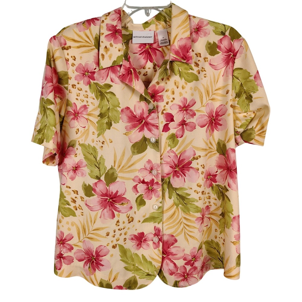 Alfred Dunner Womens 14 Floral Button Down Pink Rayon Tropical Coastal Grandma